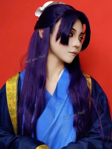 Image of Half and Half Jinshi Cosplay Wig Long Straight Dark Purple Anime Wigs with Bangs & Bun 33'' Deep Purple Wigs for Unisex Halloween Costumes Party