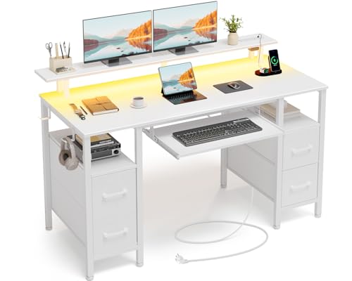 Seventable Gaming Desk 120 cm with USB Sockets & Ports RGB LED Desk with Storage and 4 Fabric Drawers Ergonomic Keyboard Tray and Adjustable Monitor Stand White