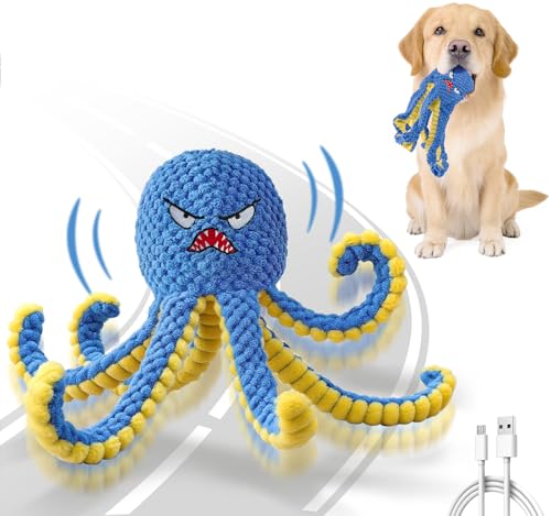Qraxond Interactive Dog Toys Octopus,Durable Automatic Jumping Dog Toy to Keep Them Busy,Squeaky Moving Tug of War Doggie Toy,USB Rechargeable Puppy Toys (Blue)