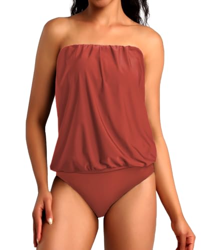 Chenghe Traje de baño tankini de dos piezas para mujer, blusa suelta con parte inferior de bikini y control de abdomen, Herrumbre, XXL