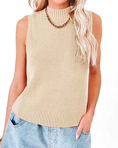 Rilista Women's Summer Knit Tank Tops Mock Neck Sleeveless Turtleneck Solid Stretchy Sweater Vest Beige
