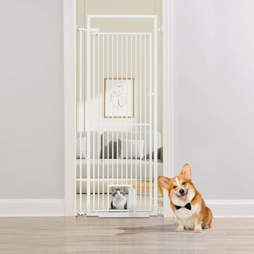 BEURUKU 78.3 Extra Tall Pet Gate for Cat Dog 29.3 -32 Wide Baby Gate with Cat Door NO Drilling Pressure Mounted for Doorways Stairs Hallways White