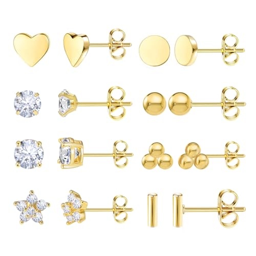 8 Pairs 14K Gold Stud Earrings Set, Titanium Surgical Steel Stud Earrings for Multiple Piercing Hypoallergenic Earrings Flower Heart Ball Cubic Zirconia Studs for Women