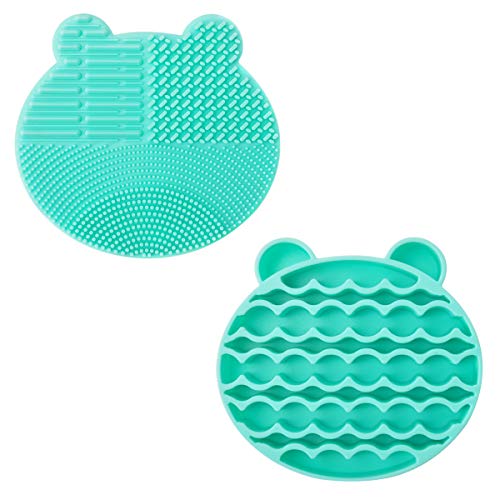 Makeup Brush Cleaner - 2 in 1 Silicone Makeup Brush Cleaning Mat with Brush holders - Portable Bear Shaped Brushes Drying Rack Cosmetic Brush Cleaner Pad(Green)