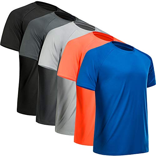 MCPORO Workout Shirts for Men Short Sleeve Quick Dry Athletic Gym Active T Shirt Moisture Wicking 5 Pack Black, Dark Grey, Light Grey, Blue, Orange Medium