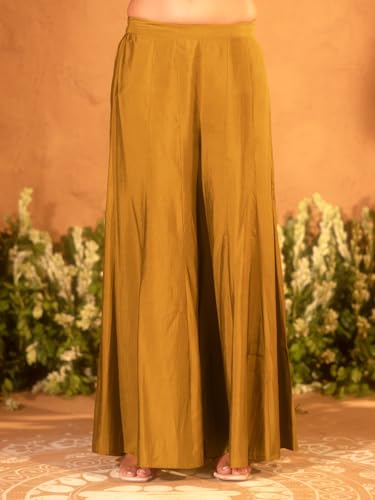 Image of FIORRA Women's Mustard Viscose Chanderi Embroidered Ethnic Straight Kurta Set with Dupatta