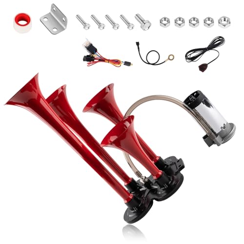150db 12V Train Horn Kit,Red 4 Speakers, Air Horn With Compressor Compatible For Trucks Cars Semi Trailers Pickup Motorhome SUV Truck Train And Other Vehicles, Ultra Loud BD