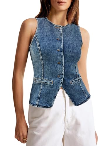 Tankaneo Womens Button Down Denim Vest Tops Sleeveless Fitted Jean Tank Tops Summer Trendy Casual Waistcoat
