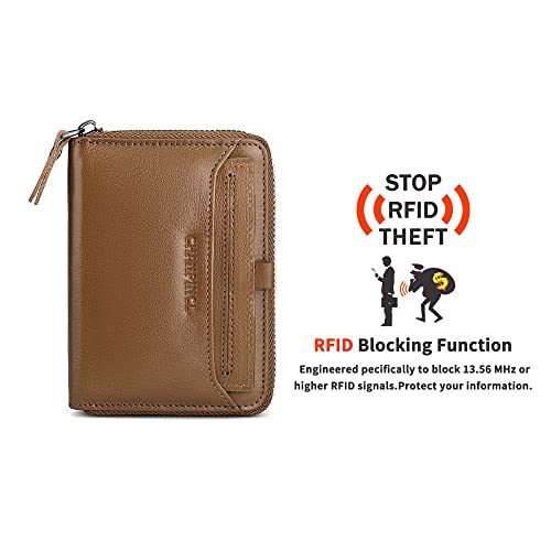 Mens Genuine Leather Zipper Wallet RFID Secure Large Capacity Multi-card Leather Wallets for Men and Extract card (Vegetable tanned leather khaki)4