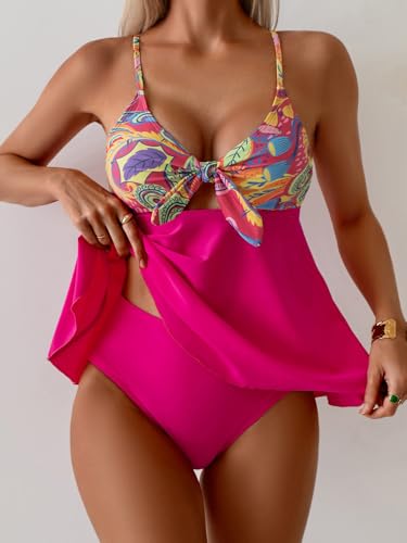 Image of Eomenie Two Piece Tankini Swimsuits for Women Tummy Control Cutout Bathing Suit Tie Knot Flowy Swim Dress with Bottom