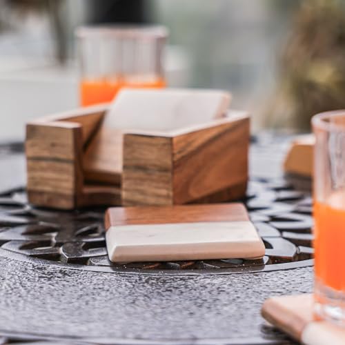 Image of Ireka Home Wood & Marble Coaster Set with Holder, Set of 4 | Handmade Stone Coasters, For Tea Cups, Coffee Mugs & Glasses, Home Decor
