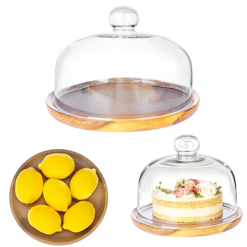 Présentoir à gâteau avec base en bois de 20,3 cm avec dôme en verre, cloche en verre transparent pour dessert, fromage, bonbons, plantes succulentes