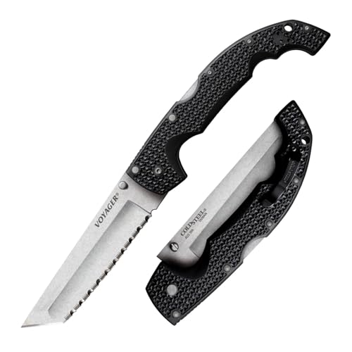 Image of Cold Steel XL Voyager 5.5 inch AUS10A Tanto Point Serrated Edge Razor-Sharp Blade 6.75 inch Griv-Ex Handle Everyday Carry Tactical Folding Knife