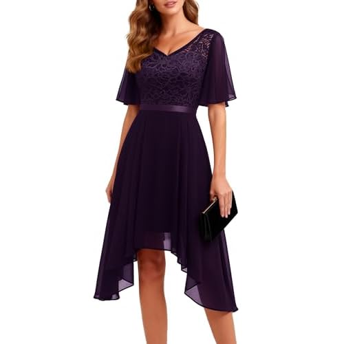 BeryLove Women's Elegant Formal Hoco Lace Chiffon High-Low Cocktail Dress