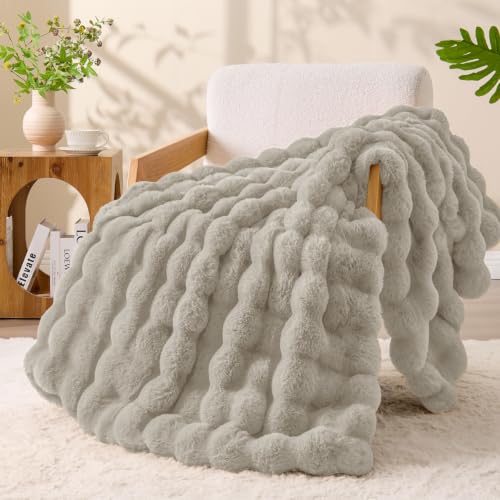 Image of BEDELITE Faux Fur Throw Bubble Blanket for Couch, 60 inch x 80 inch, Linen | 870GSM Soft Cozy Plush Blanket for Sofa & Bed Living Room Decor, Warm Fuzzy Faux Rabbit Fur for Women Gift, All Season Use