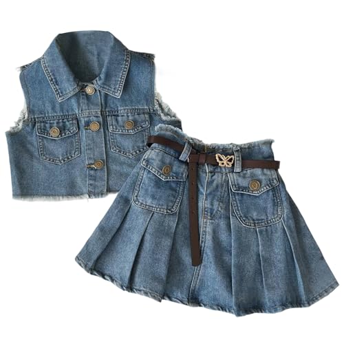 Conjunto vaquero de niña elegante con acabados premium de flecos y falda plisada