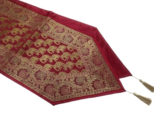 Image of Diwali Room Decor Silk Table Runner Placemats Tea Coaster Set for Living Room 4 to 6 Seater Dinning Table Table Mat Set Centre Table Top Decor Pack of 13 Pcs (Maroon)