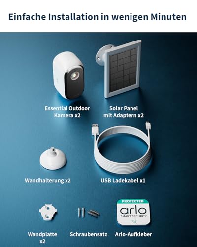 Arlo Essential 3 HD &Uuml;berwachungskamera Aussen & 2X Solar, Kabellos, 1080p Video, Farbnachtsicht, Licht, Bewegungsmelder, Sirene, 2-Wege Audio, Smart Home + Arlo Secure Plan Testzeitraum, 2er Set