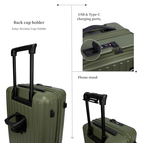 Image of F Gear Montreal Small Cabin Pro 54cm German Polycarbonate Hard Luggage |8 Japanese Hinomoto Silent Wheels|USB & Type-C Charging | Front Opening Suitcase for Travel (Army Green)