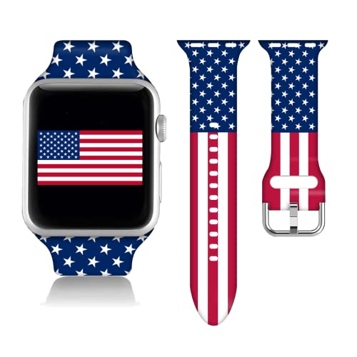 Compatible With USA American Flag Apple Watch 38/40/41/42/44/45mm For Women Men,Soft Silicone Printed Replacement Wristband Band For Iwatch Series 7 6 5 4 3 2 1 SE.38mm/40mm/41mm