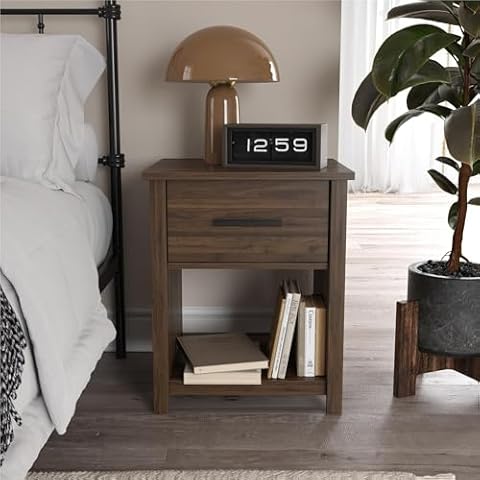 REALROOMS Easy Build Brookshore 1-Drawer Nightstand, Walnut Cover