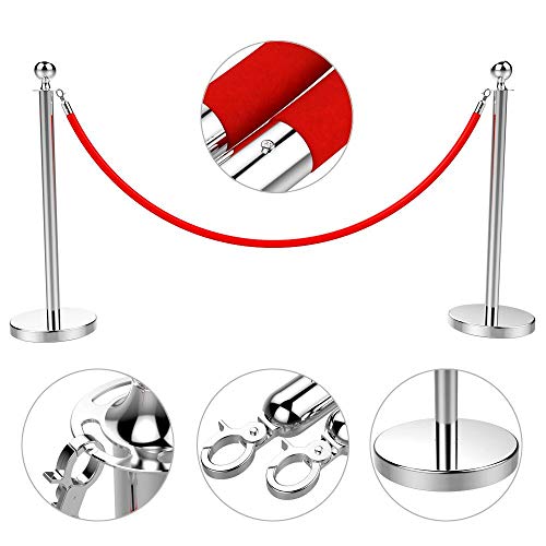Yaheetech 4Pcs Crowd Control Stanchions - 6.5Ft Red Velvet Rope Retractable Stanchion Posts Barrier & 39.4'' Height Stainless Steel Polish Stanchion Set For Theater Hotels Clubs Museums - Silver #TOP3