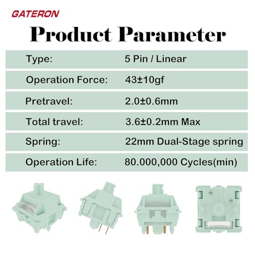 Image of Gateron Creamy Mint Pre-Lubed Linear Switches,45gf 5-Pin SMD RGB,Pack of 10 | Gateron Creamy Mint Pre-Lubed Linear Switches,45gf 5-Pin SMD RGB,Silky Typing, Compatible With MX Custom Gaming Keyboards