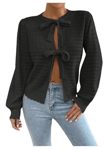 Image of GORGLITTER Women's Long Sleeve Tie Front Cardigan Fall Sweaters Lightweight Crochet Knit Tops Black X-Large