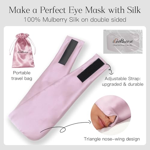 iCooBreeze 100% Natural Silk Eye Mask for Women Men, Soft Pressureless Cooling Blackout Eye Covers for Sleeping, Large Size Sleep Mask fits All Heads Adjustable, 1PC, Lotus Pink — view 6