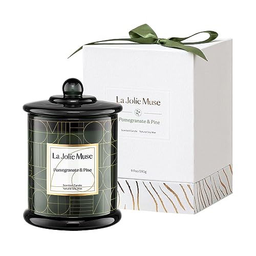 LA JOLIE MUSE Vela de Granada y Pino con Caja de Regalo, Velas Perfumadas para el Hogar, Velas de Cera de Soja Natural, velas en Lujoso Cristal, 280 grs. 70 horas