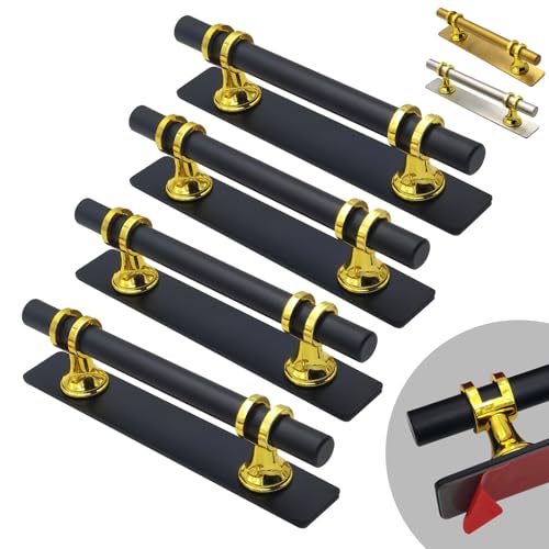 Warewell Self Adhesive Cabinet Handles 5 Inch, 4 Pack Retro Cabinet Pulls Renter Friendly - No Drill, Stick on Kitchen Cabinet Handles, Cabinet Pulls Stainless Steel, Black and Gold