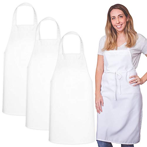 3 Pack Bib Apron - Unisex White Apron Bulk Machine Washable for Kitchen Crafting BBQ Drawing Outdoors By Green Lifestyleâ€¦ (Pack of 3, No Pocket, White)