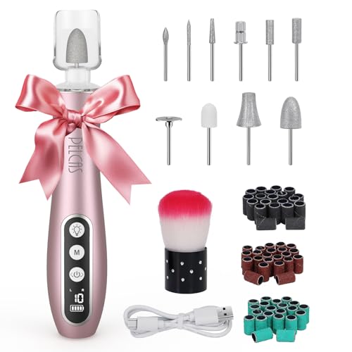 PELCAS Electric Nail File, 10 Speeds Cordless Nail Drill Kit with LED Light, Professional Nail Grinder with LCD Screen Portable e File for Human, Pet,