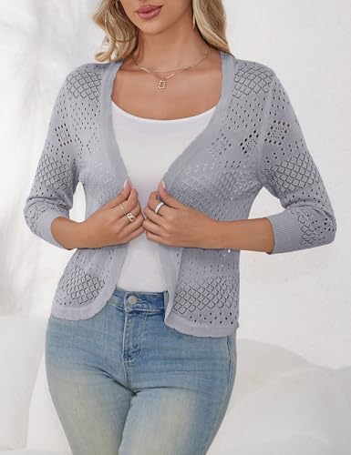 Image of REDHOTYPE Women's 3 /4 Sleeve Cardigan Open Front Cropped Shrugs Summer Hollowed Lightweight Cardigans Sweater (S-XL)