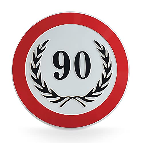 signodoo® 90-jähriges Geburtstags- oder Jubiläumsschild mit schwarzem Lorbeerkranz | Aluminium, geprägt | Größe: Ø 20,0 cm | Geburtstagsgeschenke Cover