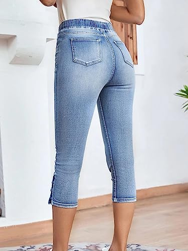 Conshvi Women's High Waisted Capris Jeans Trendy Skinny Stretch Capri Jeans Elastic Waist Drawstring Denim Capris Pants3