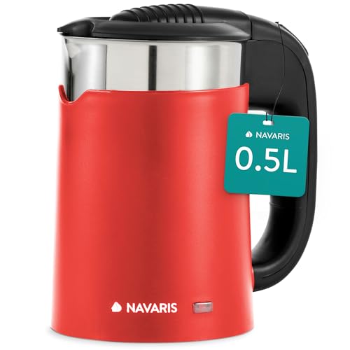 Navaris Hervidor Agua Electrico Pequeño 0,5 litros - Travel Kettle Electrica 1100 W de Bajo Voltaje - Incluye 2 Tazas para Camping - Mini Hervidor de Agua 16 x 11 x 17 cm