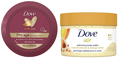 Image of Dove Exfoliating Body Polish Scrub, Fruity Scent, 298g & Dove Body Love Pro Age Body Butter For Mature Skin, Makes Skin Nourished & Radiant, Paraben Free, With Olive Oil & Sunflower Oil, 240g, Pink