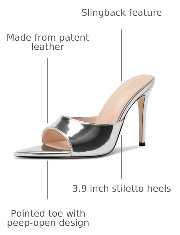 Image of TNYNFBEB Womens Stiletto High Peep Open Pointed Toe Sandals Mules Shoes Slip-on Slingback Office Party Dress Patent Leather Summer 3.9 Inches Heels