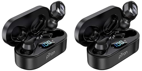 Image of pTron Bassbuds Plus in Ear True Wireless Stereo Earbuds with Mic, Deep Bass Bluetooth Headphones, Voice Assistance, IPX4 Sweat & Water Resistant TWS, 12Hrs Battery & Fast Charge (Black) (Pack of 2)