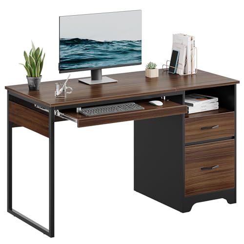 Bestier 48” Computer Desk with Drawers, Office Desk with Storage, Industrial Wood Writing Desk with File Drawer, Keyboard Tray & 2 Hooks for Home Office & Studio, Cherry
