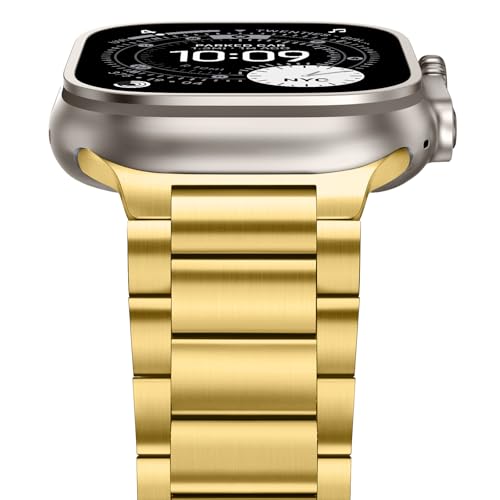 Image of Anlinser Metal Bands Compatible with Apple Watch Band 49mm 46mm 45mm 44mm 42mm for Women Men, Stainless Steel Business Strap for iWatch Ultra 3 /2 /1 SE Series 11 10 9 8 7 6-1 (Gold)