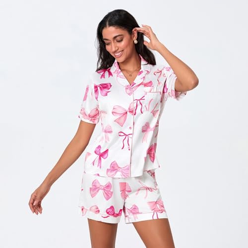 Image of Yiulangde Cowboys Boot Pajamas for Women Y2k 2 Piece Heart Bow Preppy Pjs Coquette Short Sleeve Shirts Matching Pj Shorts Set