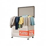 Avilia Cesta para la colada de 123 l con tapa y ruedas, estructura vertical que ahorra espacio para la cesta de la suciedad, fácil de mover y limpiar