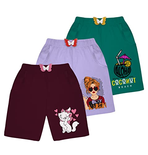 Image of KYDA KIDS Cotton Printed Pocket Bow Shorts for Girls - Regular Fit Girls Shorts with Elastic Waist Multicolored (Pack of 3)