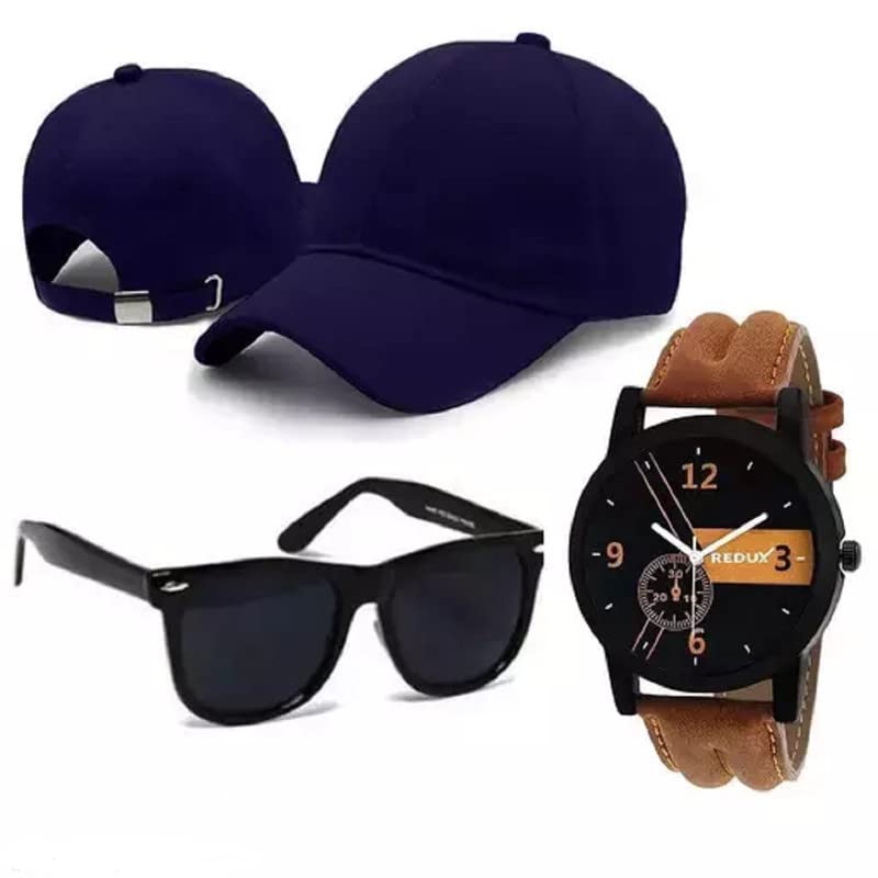 CAPITEUMCombo Pack of 3 Stylish Dial Watch, Stylish Sport Baseball Cap & Stylish Aviator Wayfarer Sunglass for Men's and Boy's (Pack of 3)