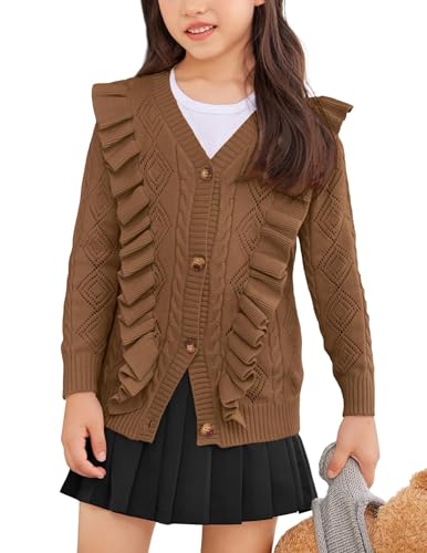 Image of Arshiner Girls Cardigan Sweaters Ruffle School Uniform Sweater V Neck Button Front Outerwear 4-13 Years