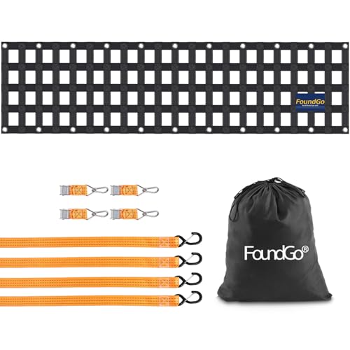 FoundGo Filet de Chargement pour Pick-up [50x214cm Largeur de Bande 4.6cm] Filet de Remorque Lourd résistant à la déchirure Filet de Chargement Réglable pour SUV Camion, Compris 4X Sangles Fixes