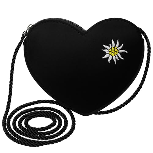 Scinzene Herztasche Dirndl mit Edelweiss Stickerei - Trachtentasche für Damen zur Oktoberfest Handtasche, Mit Schulterband 120 cm, Robustem Schwarz Filz, Praktische Größe 19 x 15 x 4 cm