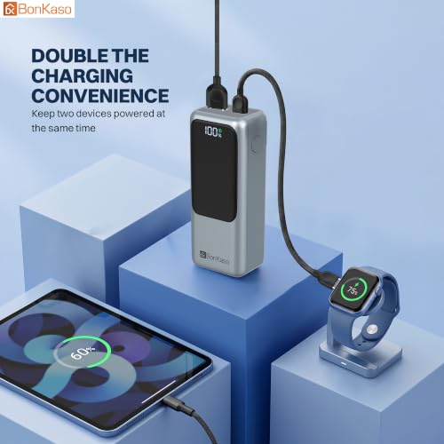 Image of Bonkaso 10000mAh 22.5W PD Power Bank with Inbuilt Type-C to Type-C Cable, Digital Display, USB-A & Type-C Output, Compact Metallic Grey Portable Charger for Mobiles, Tablets & Type-C Devices